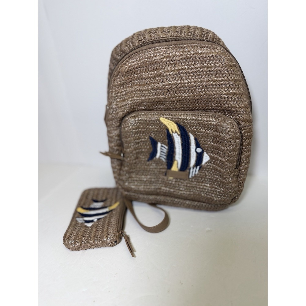 Vera Bradley‎ Straw Warm Stone Mini Convertible Backpack With Embroidered Fish